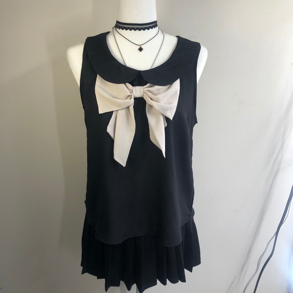 Monteau Black Peter Pan Collar Bow Tank Top Womens Large Coquette Preppy Goth